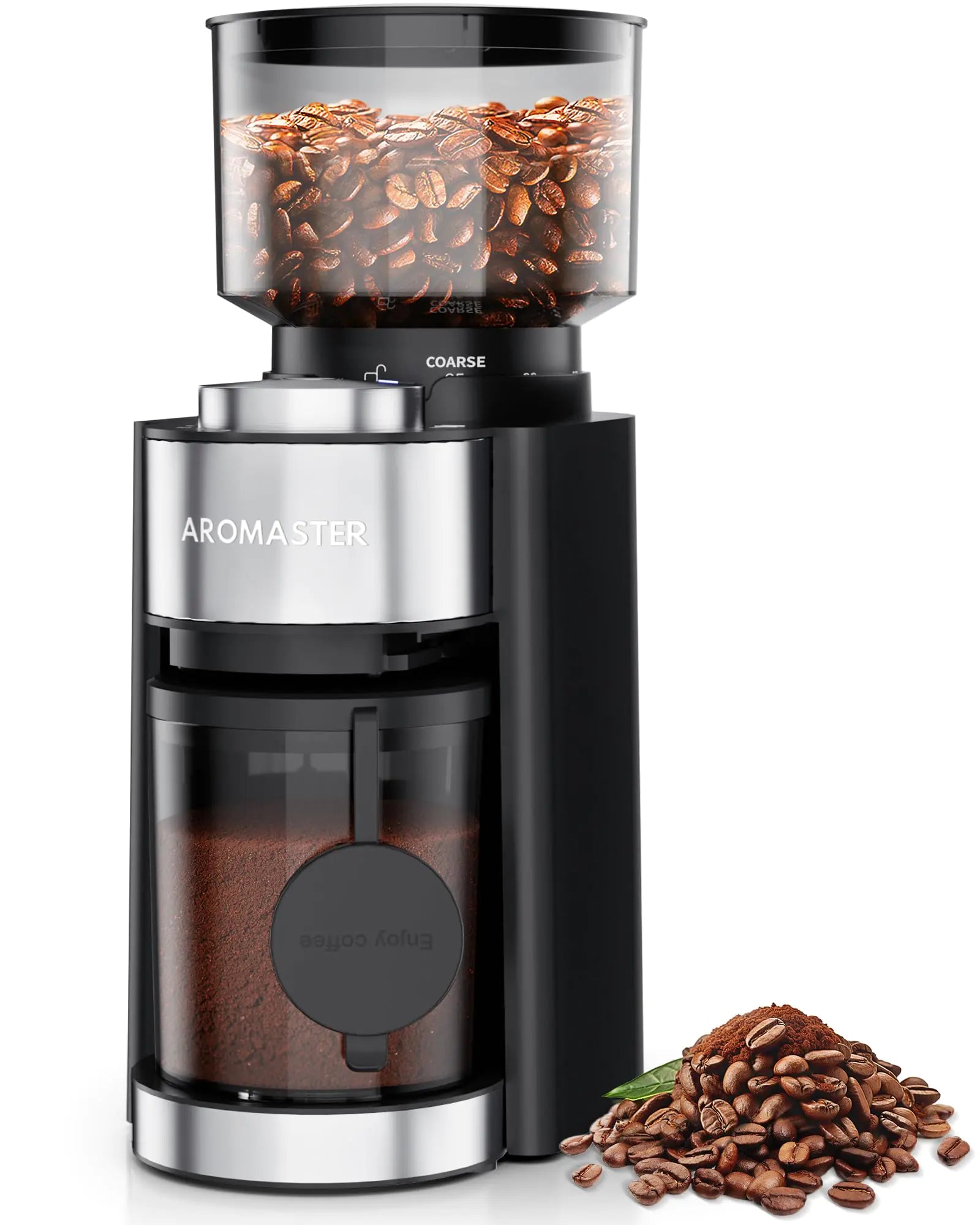 Aromaster Burr Coffee Grinder Molinillo de Café con 25 Ajustes de Molienda Temporizador de 2-12 Tazas Portafiltros para Uso Doméstico de 3 Orejas Soporte de Portafiltros Cepillo de Limpieza Color Negro
